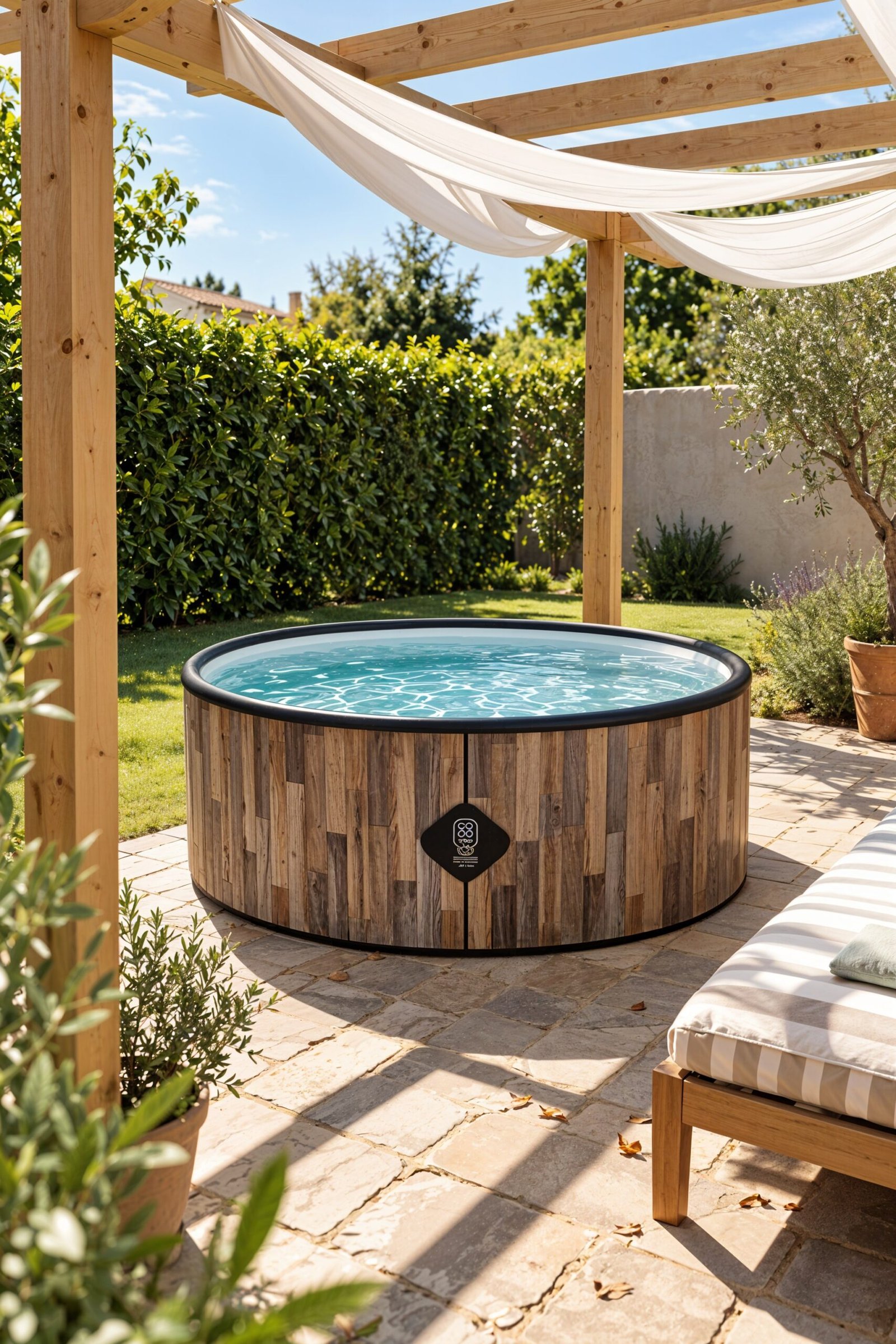 Piscine Fidji dans un jardin avec pergola en bois et guirlandes, lumière vive de fin de matinée, reflets du soleil sur l'eau