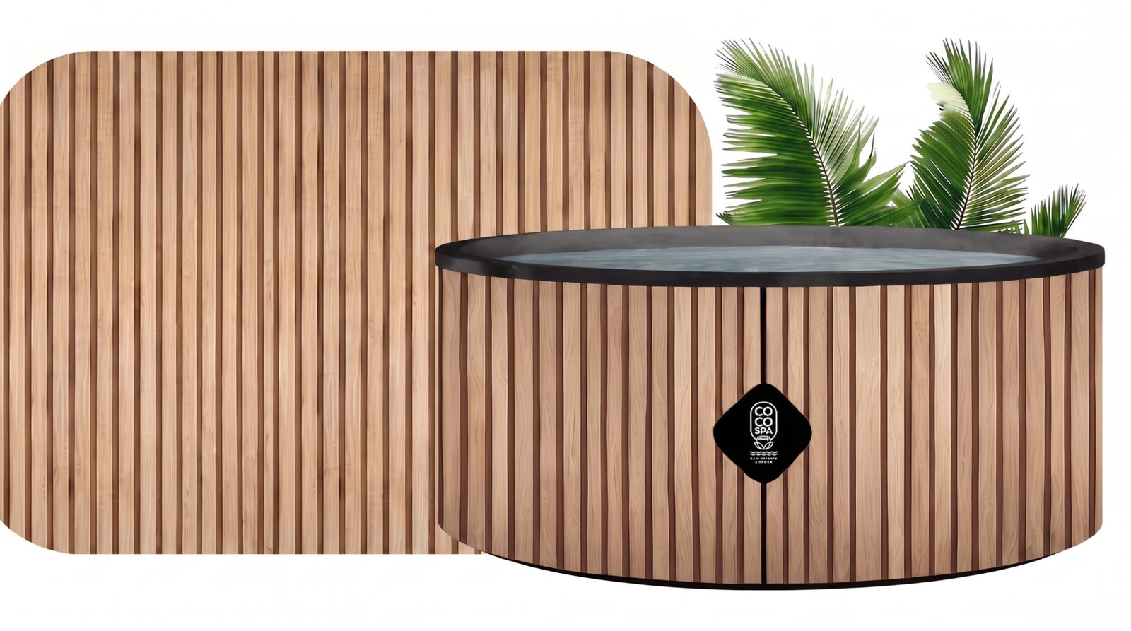 Spa gonflable rond avec habillage en bois naturel à lamelles verticales et plantes vertes sur fond blanc