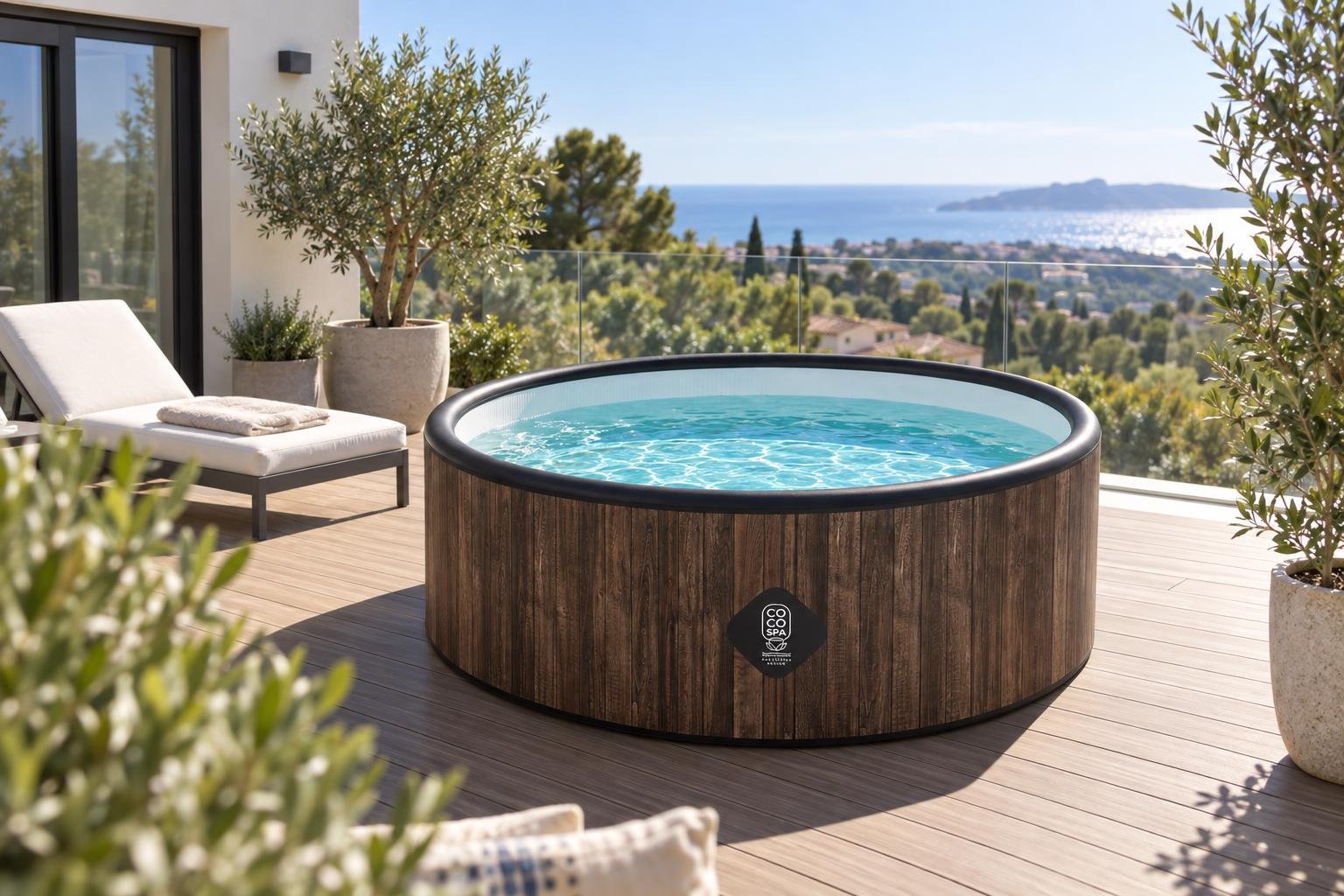 Piscine Hawaï 180 cm installée sur une terrasse en bois composite, transat blanc et oliviers en pot