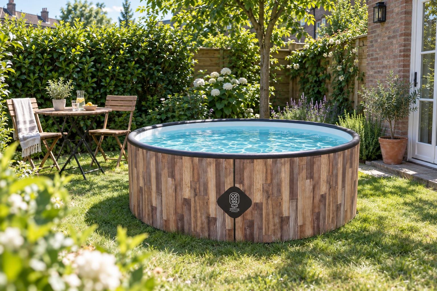 Piscine Fidji 180 cm posée sur la pelouse d'un petit jardin de ville de 30 m², haie de lauriers et deux chaises en bois