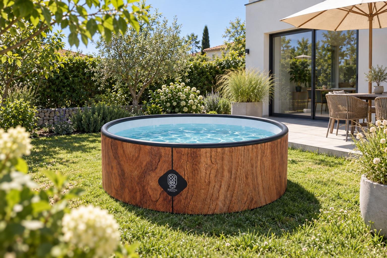 Piscine Bora Bora 180 cm sur une dalle béton devant une maison contemporaine, parasol beige