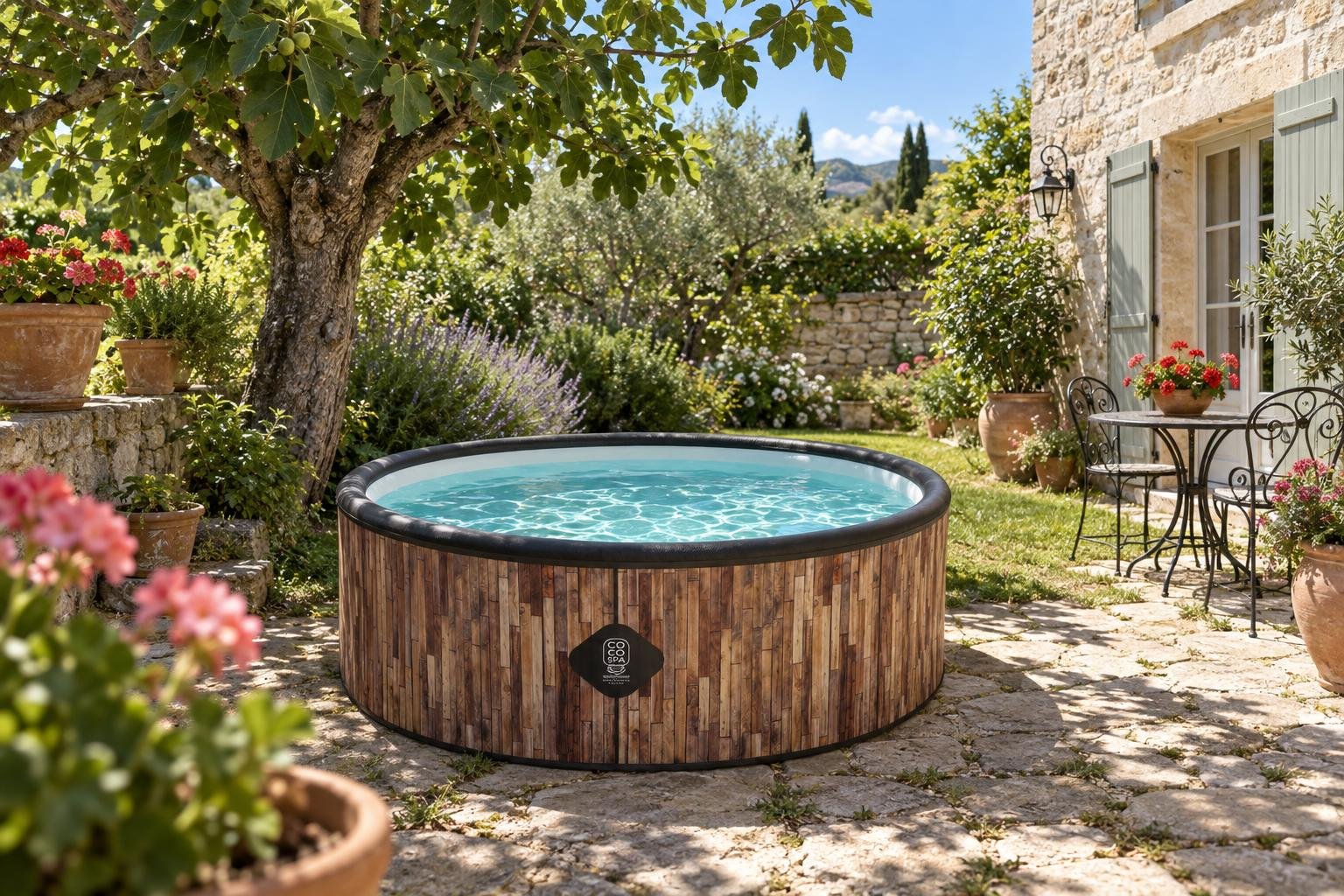 Piscine hors-sol Coco Bain St Tropez 180 cm dans la cour pavée d'une maison de village, figuier et pots en terre cuite