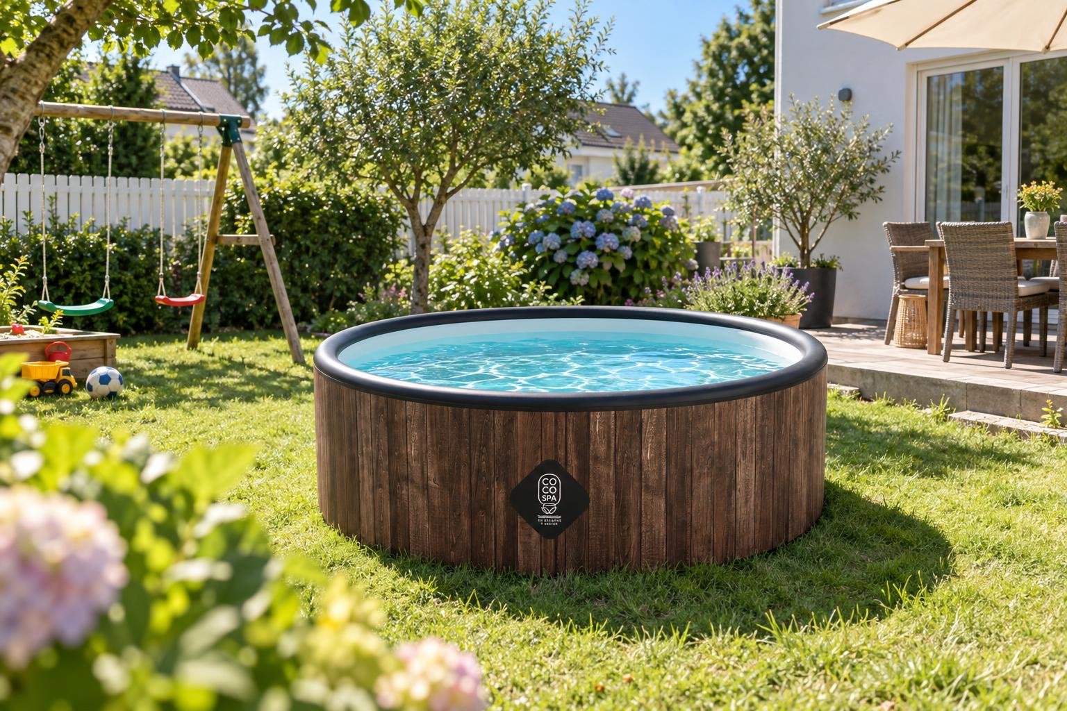 Piscine Hawaï 180 cm sur la pelouse d'une maison de lotissement, balançoire et hortensias