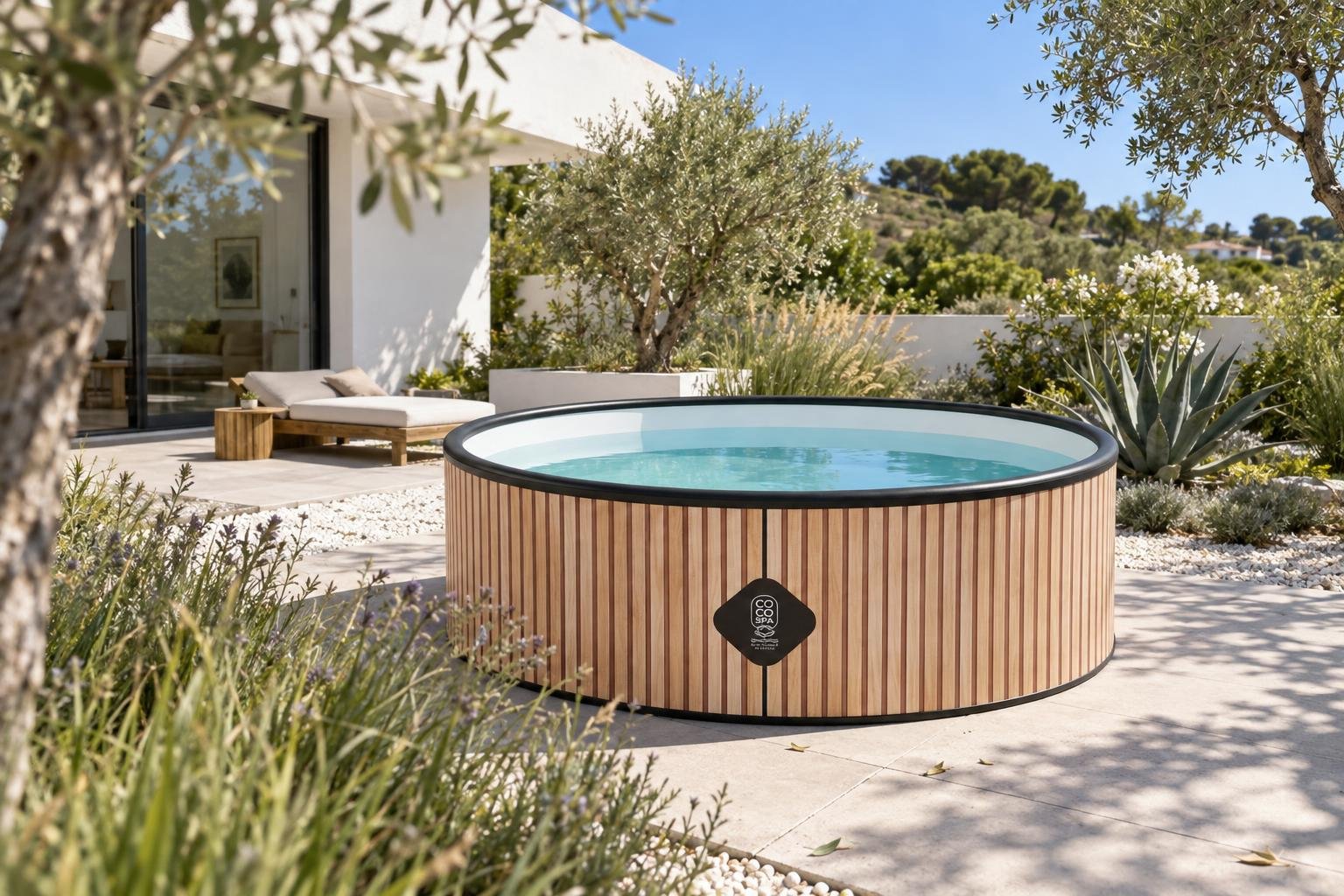 Piscine hors-sol Coco Bain Copacabana 180 cm dans le jardin d'une maison d'architecte, gravier blanc et graminées