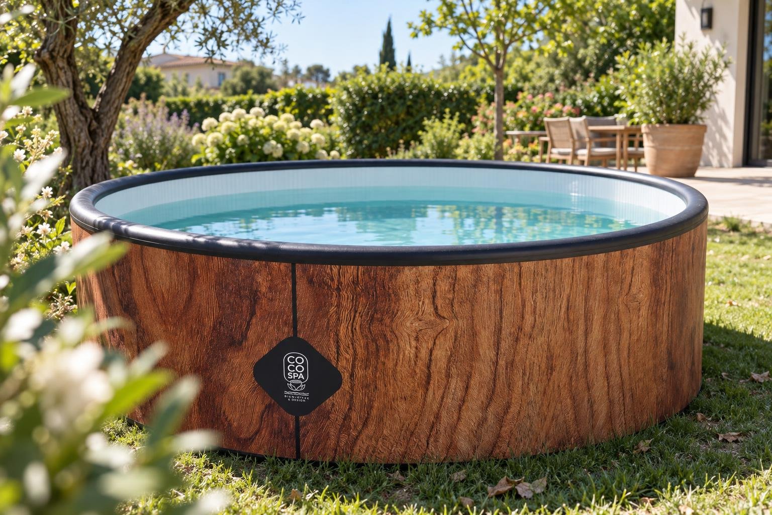 Gros plan sur l'habillage imitation bois et l'eau claire d'une piscine hors-sol Coco Bain