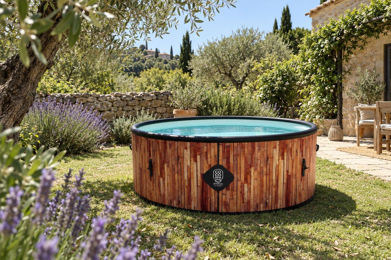 Piscine hors-sol Coco Bain Ibiza 180 cm dans un jardin méditerranéen, oliviers et lavande