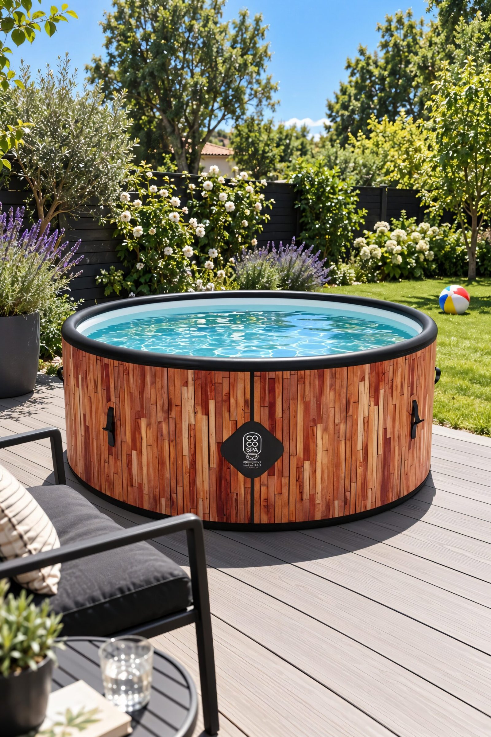 Piscine Ibiza 180 cm sur une terrasse en composite gris, mobilier noir, esprit carte postale d'été, ciel bleu, végétation verte et fleurs